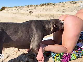 Woman having sex with dog on beach